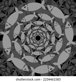 School of fish circular pattern seamless. Fishes swarm circle background. Baby fabric texture