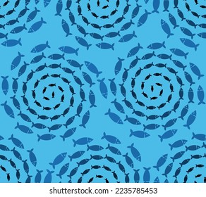 School of fish circular pattern seamless. Fishes swarm circle background. Baby fabric texture