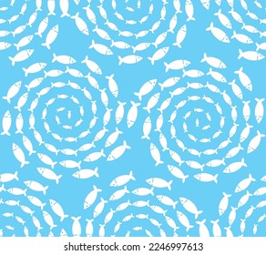 School of fish circular pattern seamless. Fishes swarm circle background. Baby fabric texture