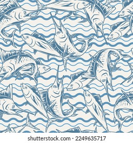 School of fish colorful seamless pattern with marlin and tuna among minimalist sea waves for advertising seafood vector illustration