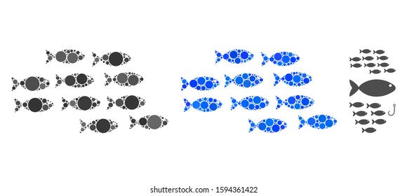 School of fish composition of small circles in various sizes and shades, based on school of fish icon. Vector random circles are composed into blue composition.