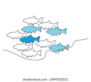 Escuela de peces en estilo de línea continua, Ilustración vectorial para estampados de marco, Fondo de pantalla y camisa.