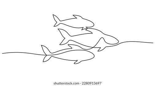 School of fish. Continuous one line art drawing style. Minimalist black linear sketch on white background. Vector illustration
