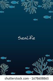 Colegio de peces con borde de arrecife de coral en el clásico azul y dorado fondo vectorial color para la decoración de los eventos de verano.