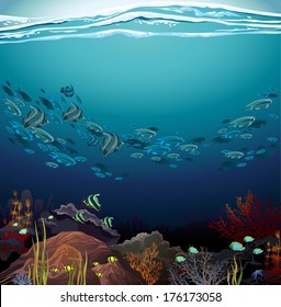 School of fish and coral reef on a blue sea. Underwater vector.