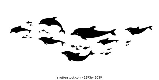 School of fish and dolphins. Decorative wave of flock of fish. Black isolated silhouette on white background. Vector illustration