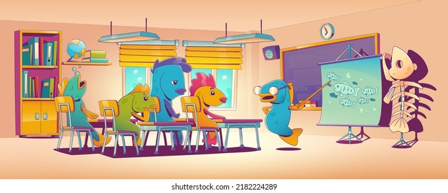 Escuela de peces, estudiantes divertidos y profesores subacuáticos durante la clase educativa. El viejo tutor con base de puntero en la pizarra explica la lección a los niños en el aula Dibujo vectorial de dibujos animados