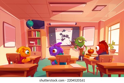 Escuela de peces, estudiantes divertidos y animales subacuáticos de profesores durante las clases de educación. El viejo tutor con soporte de puntero en la pizarra explica clase a niños en el aula Dibujo vectorial de dibujos animados