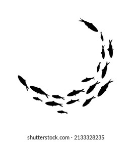 School of fish. A group of silhouette fish swim in a circle. Marine life. Tattoo. Logo fishes. Vector