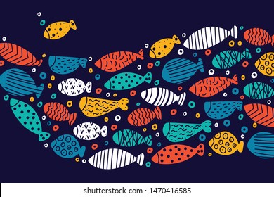 School of fish. Nice decorative illustration.Vector sea poster.