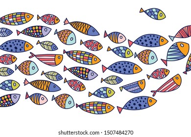 School of fish. Nice decorative illustration.Vector sea poster.