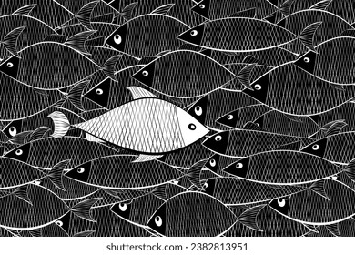 school of fish is the same black and one white against the current - abstract society, ordinary, vision be different, unique personality or standing out from the crowd, leadership quality