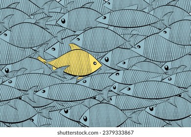 school of fish is the same blue and one yellow against the current - abstract society, ordinary, vision be different, unique personality or standing out from the crowd, leadership quality