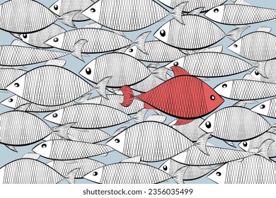 school of fish is the same and one red against the current - abstract society, ordinary, vision be different, unique personality or standing out from the crowd, leadership quality