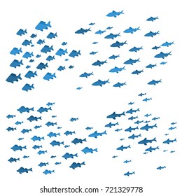 School of Fish Sea Blue Silhouettes on White Background Underwater Seascape Swimming Movement Nautical Nature. Vector illustration of Many Fishs