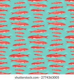 School of fish seamless pattern on turquoise background. Nautical print design for textiles, wallpaper, wrapping paper, packaging and ocean themed graphic projects