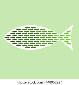 School of fish in shape of a big fish. Isolated vector illustration.