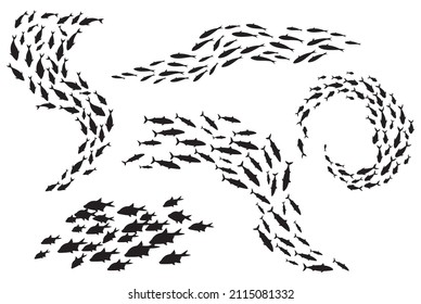 School Fish Silhouette. Group Sea Shoal Small Fishes Swim In Circle, Shoaling And Schooling Ocean Life, Underwater Ecosystem Deep Marine Animals, Plenty Tuna, Black Icons. Illustration Of Sea Fish