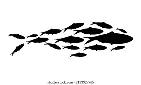 School Of Fish. Silhouette Of Group Of Sea Fishes. Colony Of Small Fish, Fish Silhouette. Vector