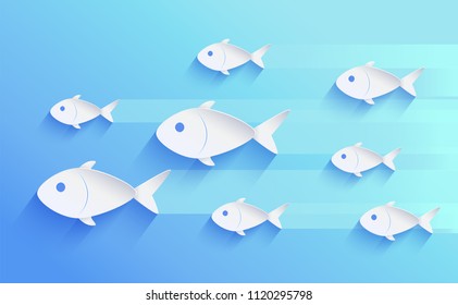 School of fish silhouette isolated on blue. Set of white different size fingerlings swimming one way, leaving shadows behind, vector illustration