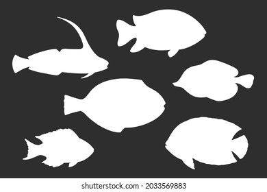 School of fish silhouette set, hand drawn vector illustration. Restaurant sea food menu graphic collection in white isolated over black.