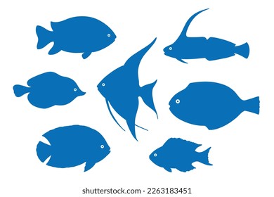 School of fish silhouette sketch set, hand drawn vector illustration. Restaurant sea food menu graphic collection in blue isolated over white