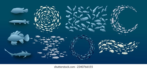 School of fish silhouette underwater flow set. Simple concept vector illustration. Blue flock fish. Logo template design.