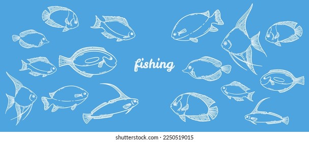Colegio de boceto de peces, ilustración de vector dibujada a mano. Menú de mariscos de restaurante colección gráfica de estilo grabado.