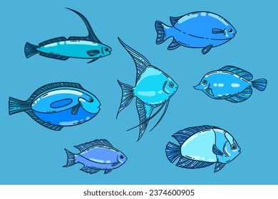 School of fish sketch set, hand drawn vector illustration. Restaurant sea food menu graphic collection.