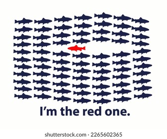 A school of fish swim in the same direction except one trouble maker, a red fish swimming the opposite way in this vector.