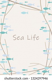 School of fish are swimming with branch of tree wreath on background vector for decoration on summer events.