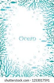 School of fish are swimming with coral frame on white background and bubble water vector for decoration on summer holiday.