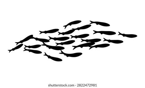 A school of fish swimming together in a coordinated formation beneath the water surface, showcasing marine life and aquatic behavior.