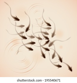 A school of fish swimming together, vectorized brush painting, symbolize harmony.
