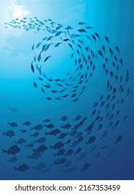 School of fish swimming under water of sea. School sea bream swims in underwater