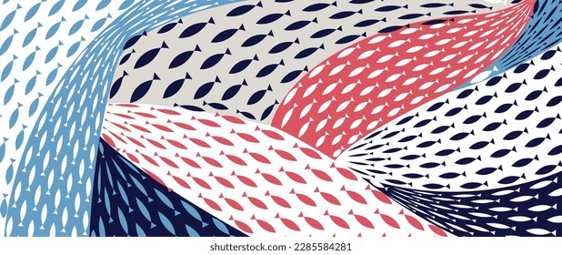 Colegio de fondo de color vectorial de natación de peces. Olas oceánicas o marítimas, fondo de rayas curvas.