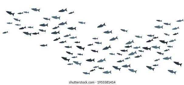 School of fish swimming vector illustration. Ocean or sea background. Shoal of fishes isolated on white. Marine water animals summer design.