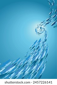 
A school of fish swims in a spiral shape under the blue water. School of anchovies. Monochrome color vector illustration.