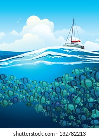 School of the fish swims under white yacht on a blue sea background.