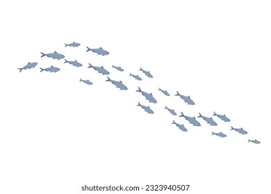 School of fish vector illustration. Cartoon isolated group of many trouts swim in water or sea or ocean, blue fish shoal swimming in aquarium, pattern of underworld wildlife and marine ornament