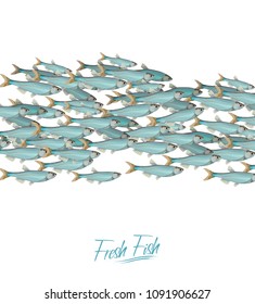 School of fish vector illustration for header, web, print, card and invitation. Plenty of herring or cod moving in the sea.