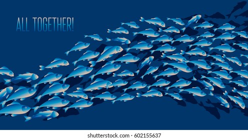 School of fish vector illustration for header, web, print, card and invitation. Plenty of herring or cod moving in the sea.