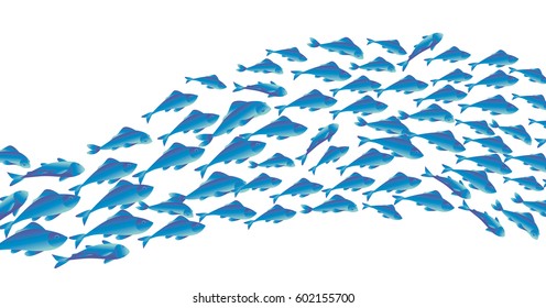 School of fish vector illustration for header, web, print, card and invitation. Plenty of herring or cod moving in the sea.