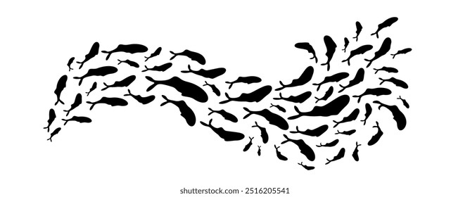 A school of fish in a wave silhouette pattern. This underwater scene captures the essence of marine life in the ocean, forming unique shapes in the water. For border ornament or logo design.