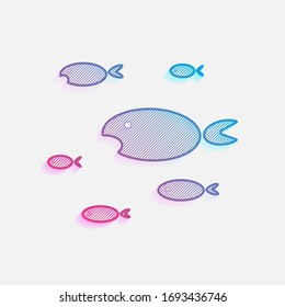 School of fishes. Colored logo with diagonal lines and blue-red gradient. Neon graphic, light effect