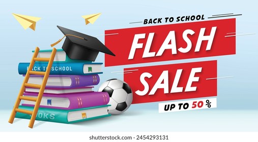 School flash sale text vector banner design. Back to school 50% off discount shopping promo with educational items, elements and materials for promotion advertisement design. Vector illustration 