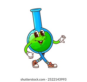 School flask groovy character. Cartoon vector laboratory beaker filled with green liquid, features cheerful expression, wearing sneakers and exudes a funky educational vibe, ready for playful science