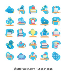 School flat block style icon set design, Eduaction class lesson knowledge preschooler study learning classroom and primary theme Vector illustration