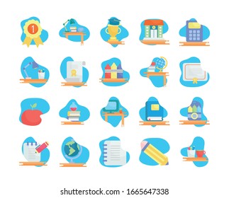 School flat block style icon set design, Eduaction class lesson knowledge preschooler study learning classroom and primary theme Vector illustration