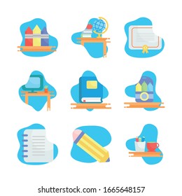 Diseño de conjunto de iconos de estilo de bloque plano escolar, lección de educación conocimiento de enseñanza preescolar, aprendizaje de clase y tema primario Ilustración vectorial